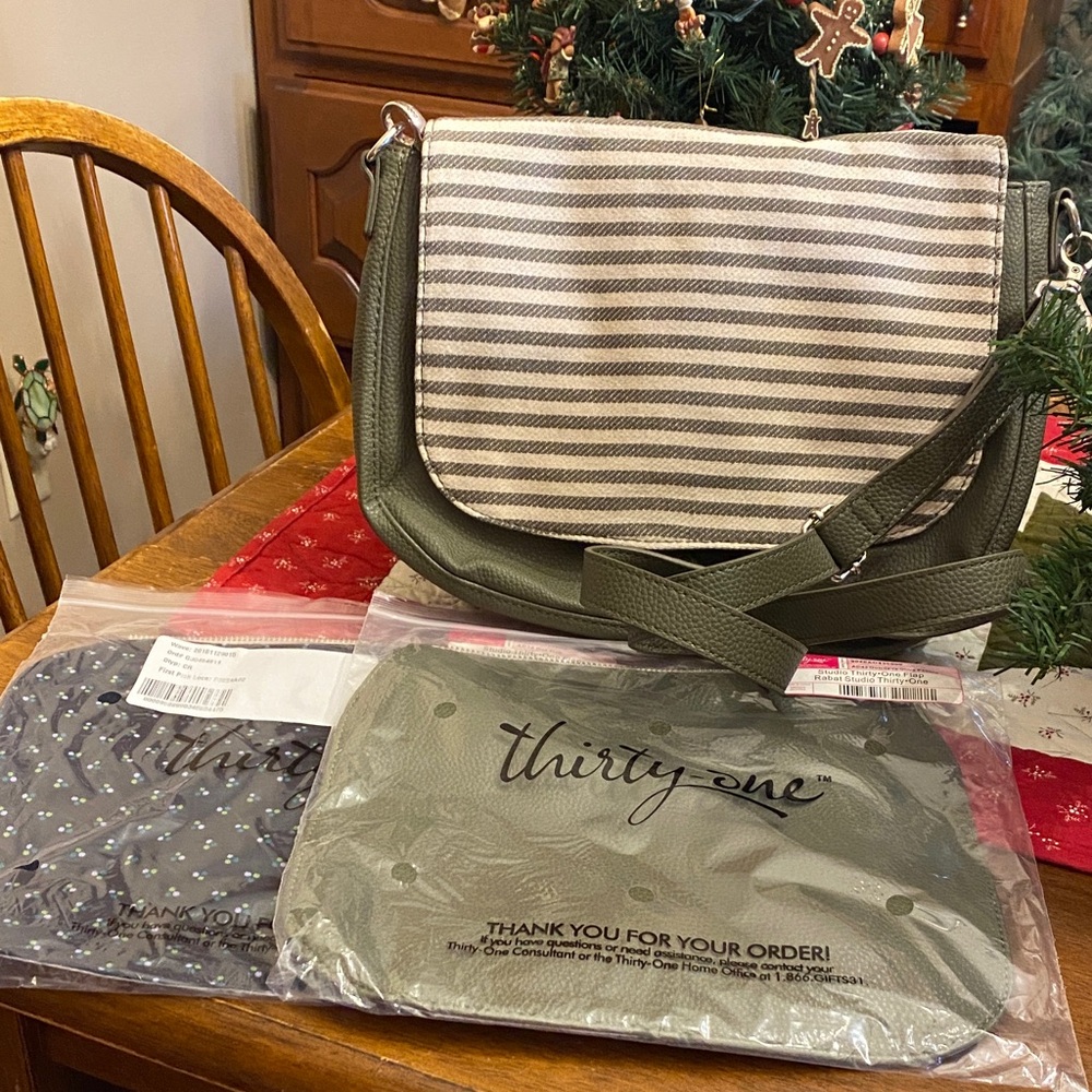 Thirty-One Olive and Cream Striped Shoulder Bag